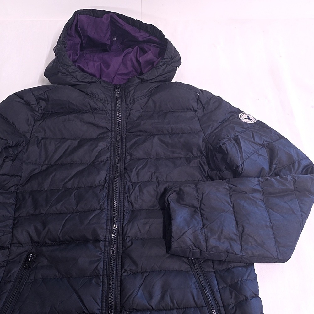 Y2K American Eagle Puffer Jacket Women L Black Purple Hooded Down Fill Quilted